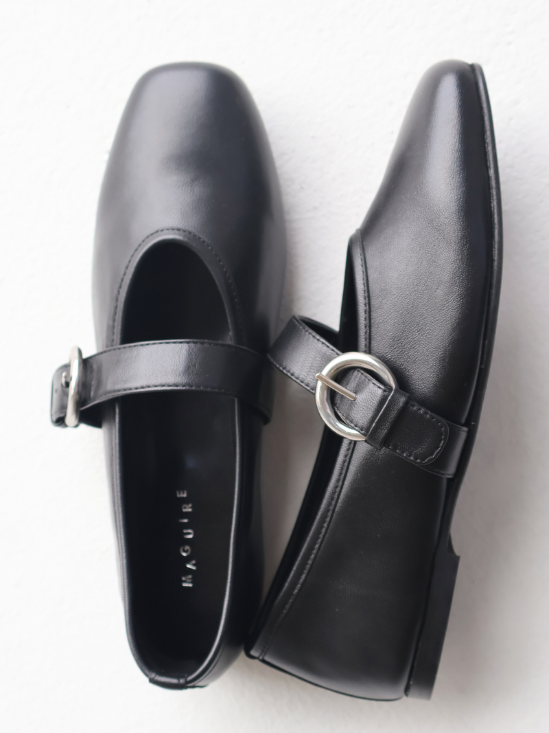 Pair of black leather shoes with a buckle on a white background