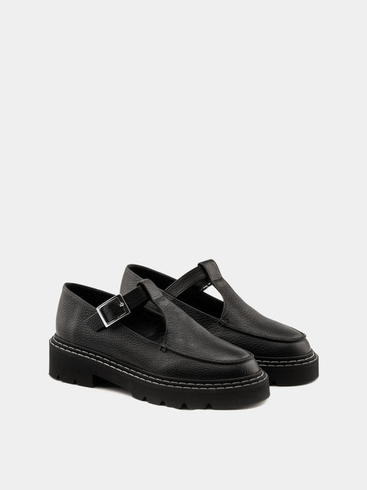 Black tumble leather mary-jane with a chunky sole