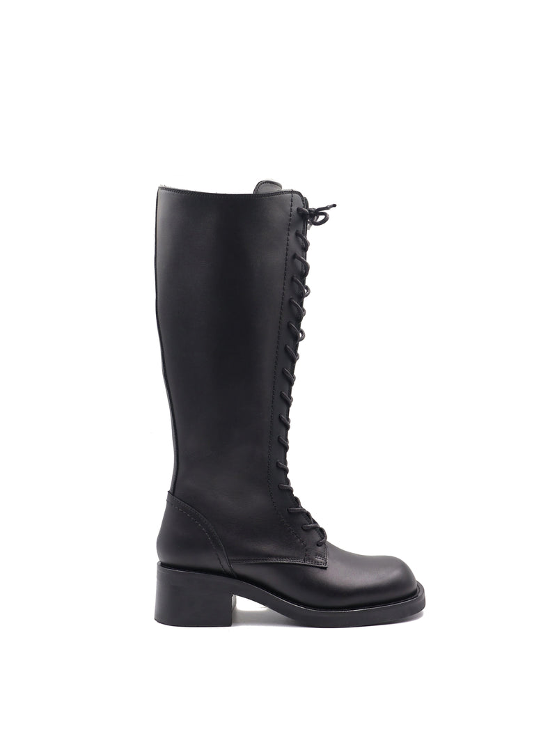 Pair of black high lace-up boots viewed from side.