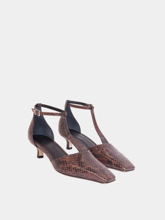 Ecom angle view of our t-bar brown snake short heel