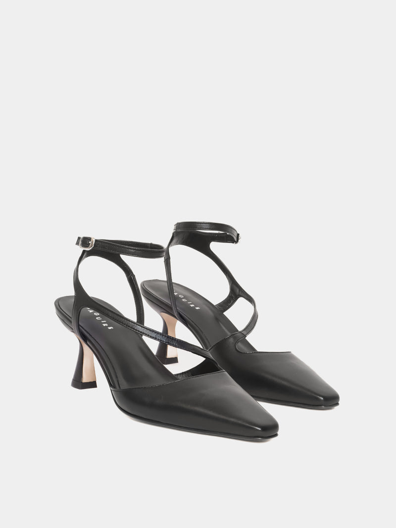 Black closed toe heel with an asymetric upper
