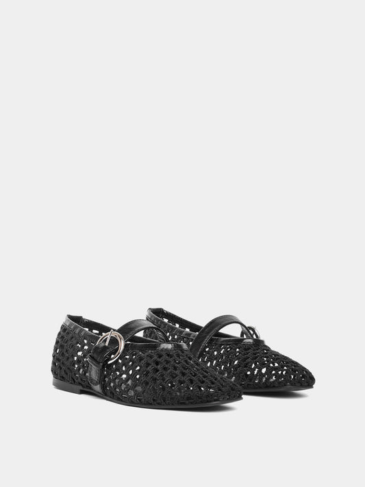 Aveiro black woven leather ballet flat with Mary-jane strap and buckle, front view.
