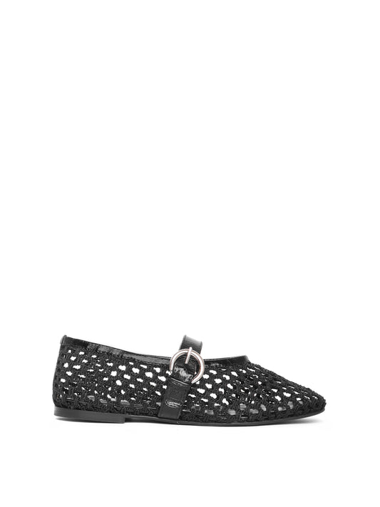 Side view of a black woven mary-jane ballet flat