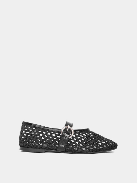 Aveiro black woven leather ballet flat with Mary-jane strap and buckle.