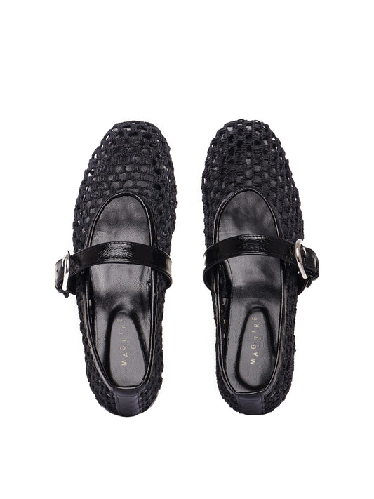 Black woven mary jane ballerina flats seen from above