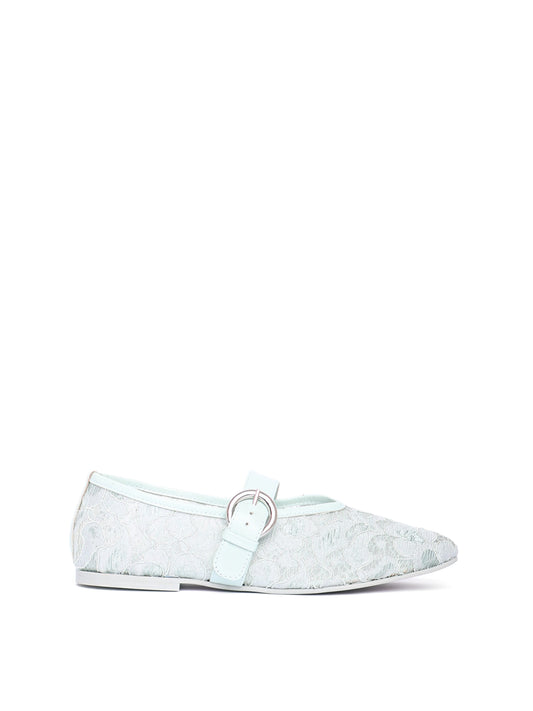 Side view of a lacey blue mary jane ballet flat