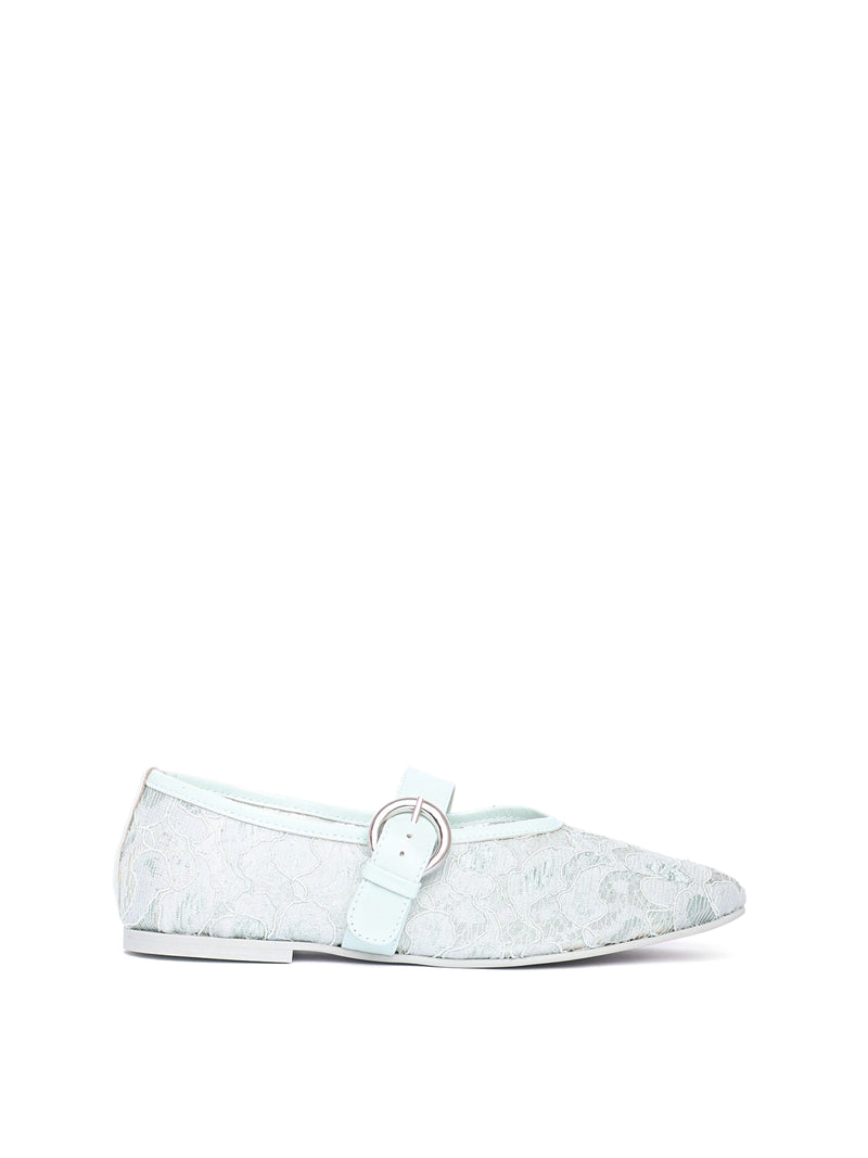 Side view of a lacey blue mary jane ballet flat