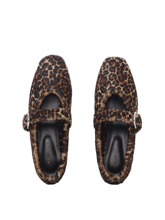 Cheetah print pony hair mary jane ballerina flats seen from above