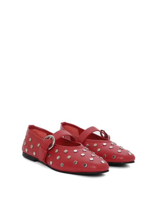 Red mary jane ballerina flats with silver studs