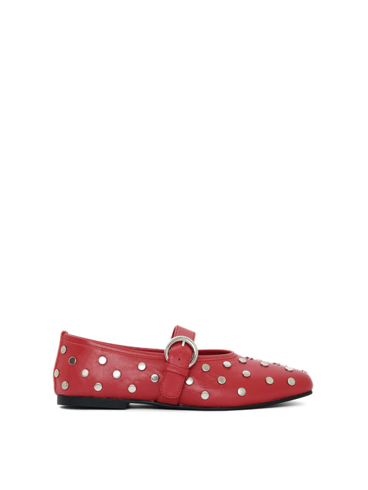 Red mary jane ballerina flats with silver studs