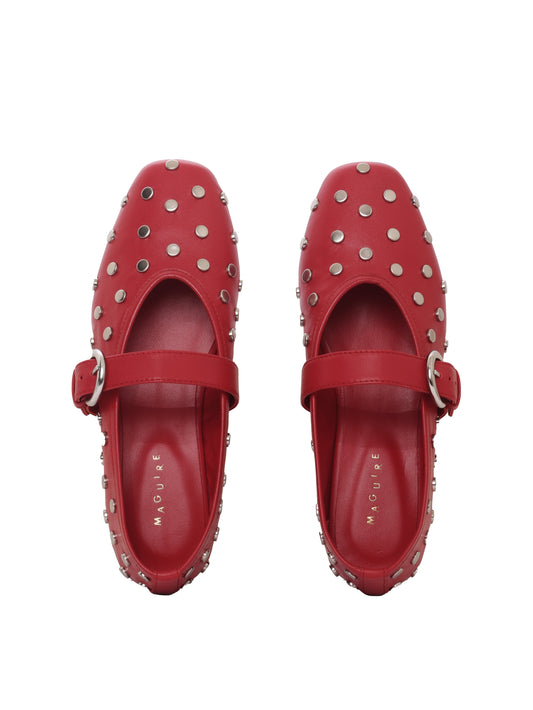 Red mary jane ballerina flats with silver studs