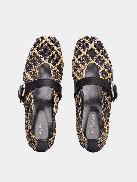 Beige and black woven leather ballet flat with Mary-jane strap and buckle