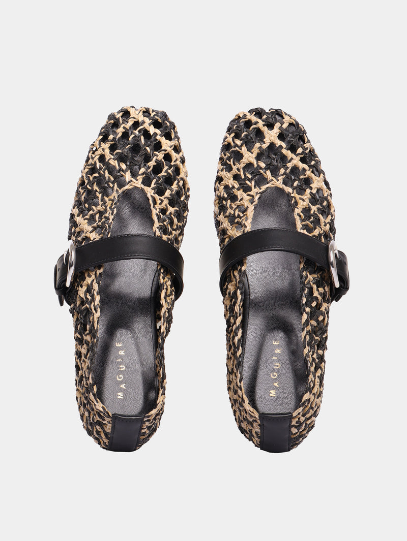 Beige and black woven leather ballet flat with Mary-jane strap and buckle