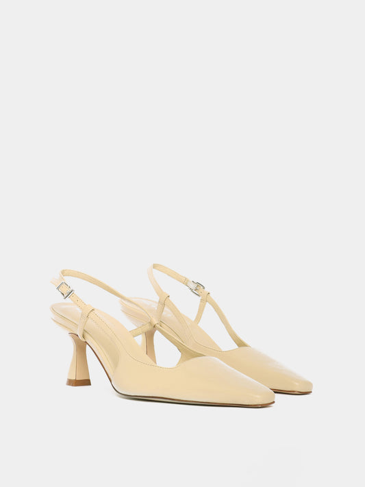 Beige slingback heels with a pointed toe