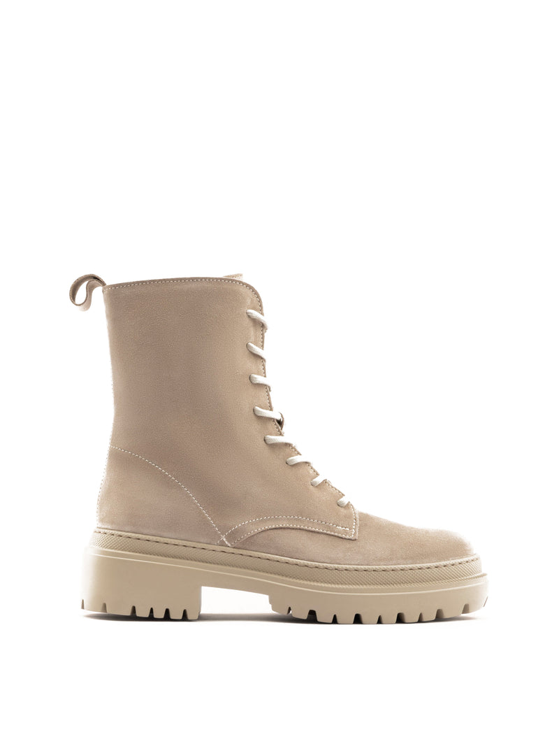 Belluno sand suede lace-up boot with thick outsole.
