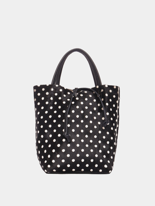 Black tote bag with white polka dots