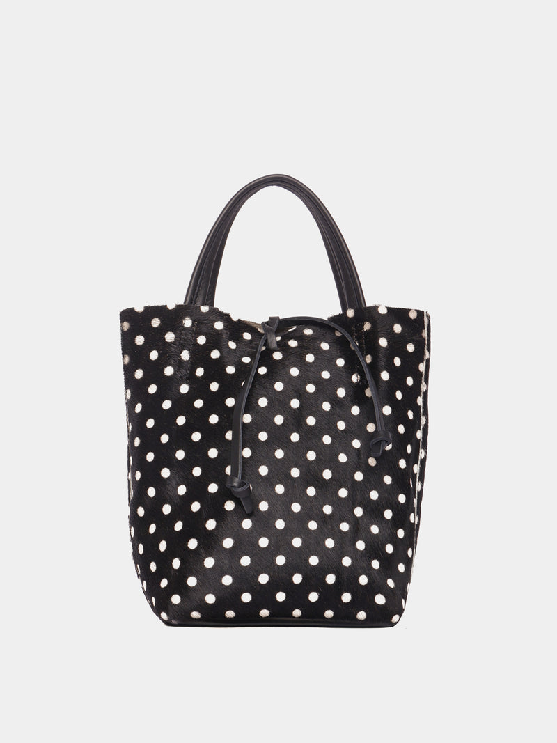 Black tote bag with white polka dots
