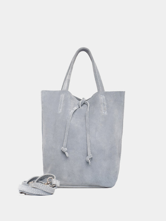 Blue suede mini leather tote bag with crossbody strap