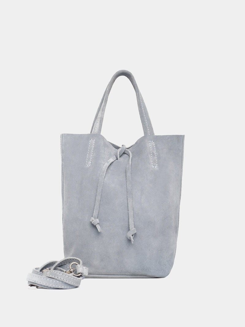 Blue suede mini leather tote bag with crossbody strap
