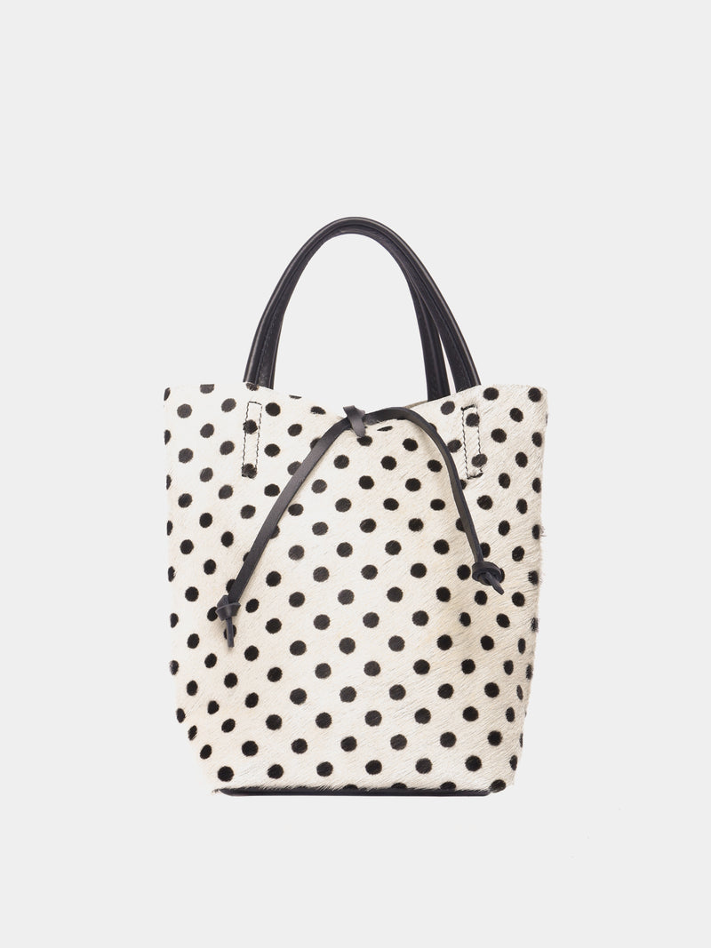 White polka dot pony hair mini leather tote bag