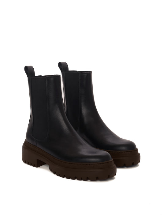 Brown and black leather chelsea boot