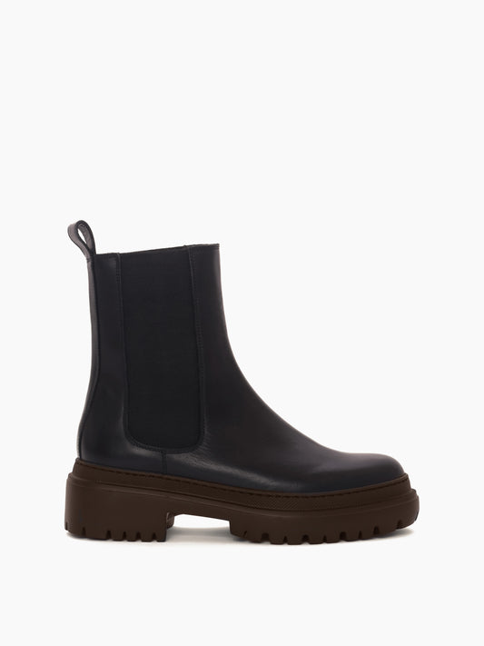 Brown and black leather chelsea boot