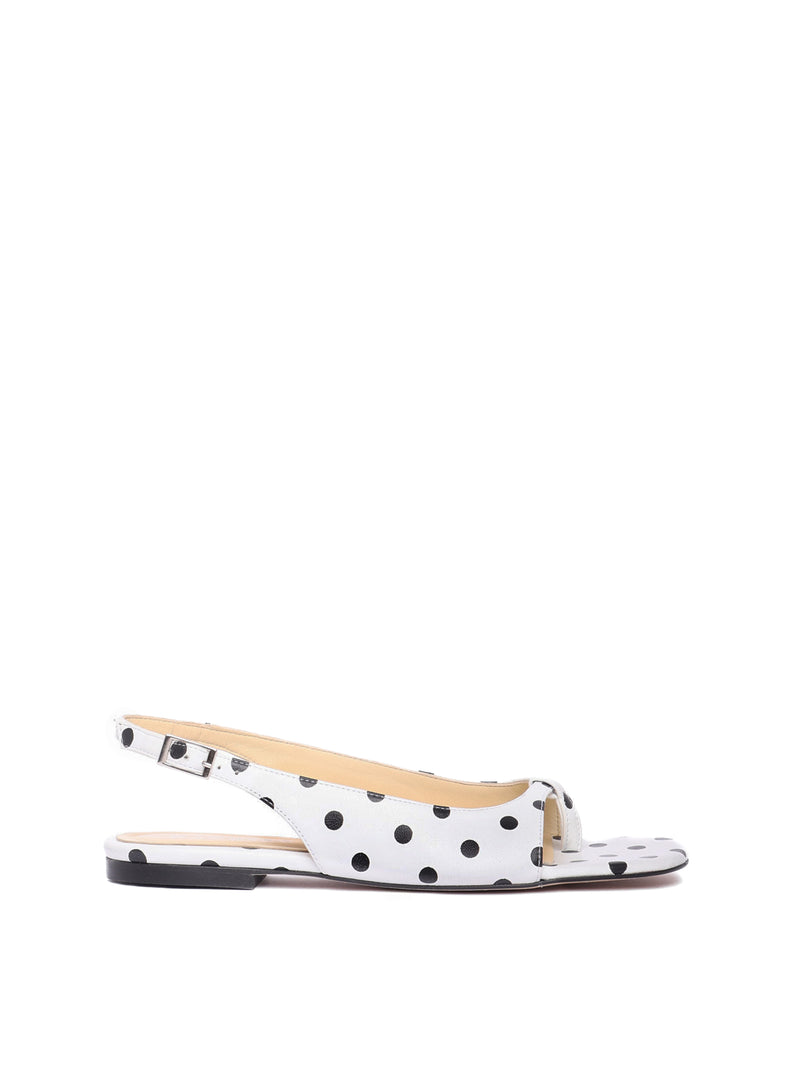 Flat slingback white polka dot sandal with beige lining