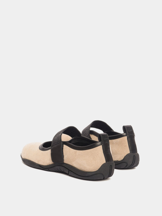 Sand coloured suede sporty mary-jane ballerinas