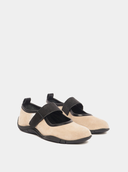 Sand coloured suede sporty mary-jane ballerinas