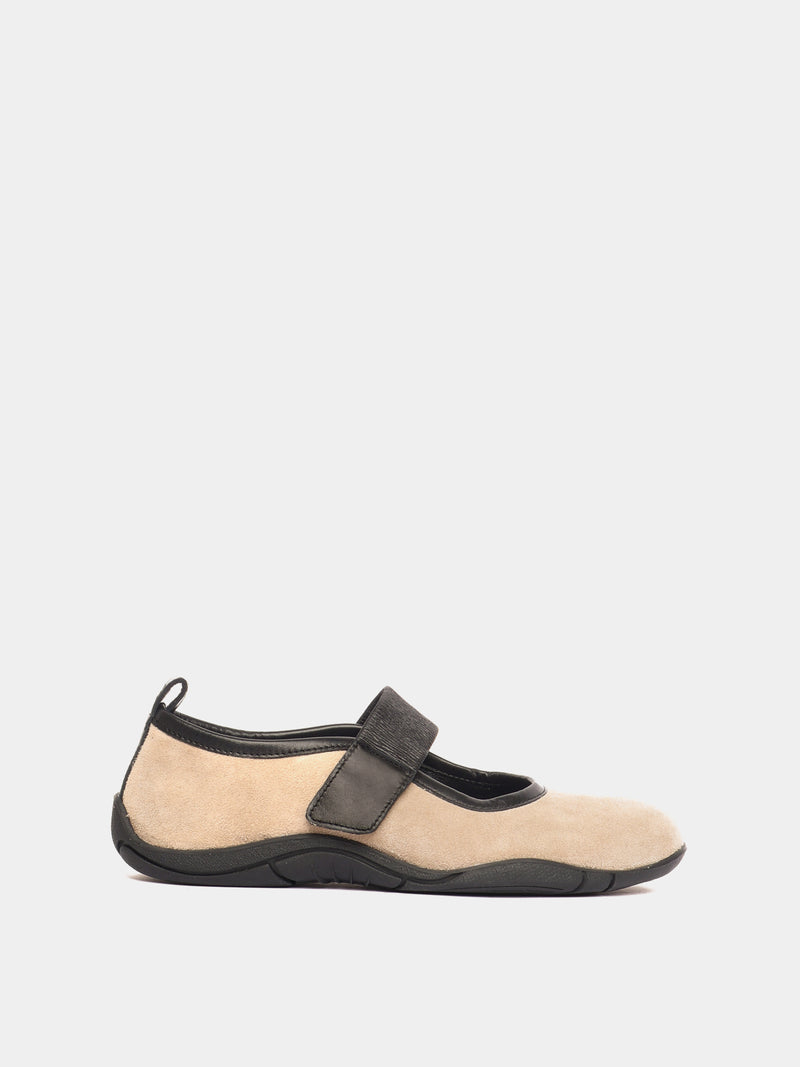 Sand coloured suede sporty mary-jane ballerina