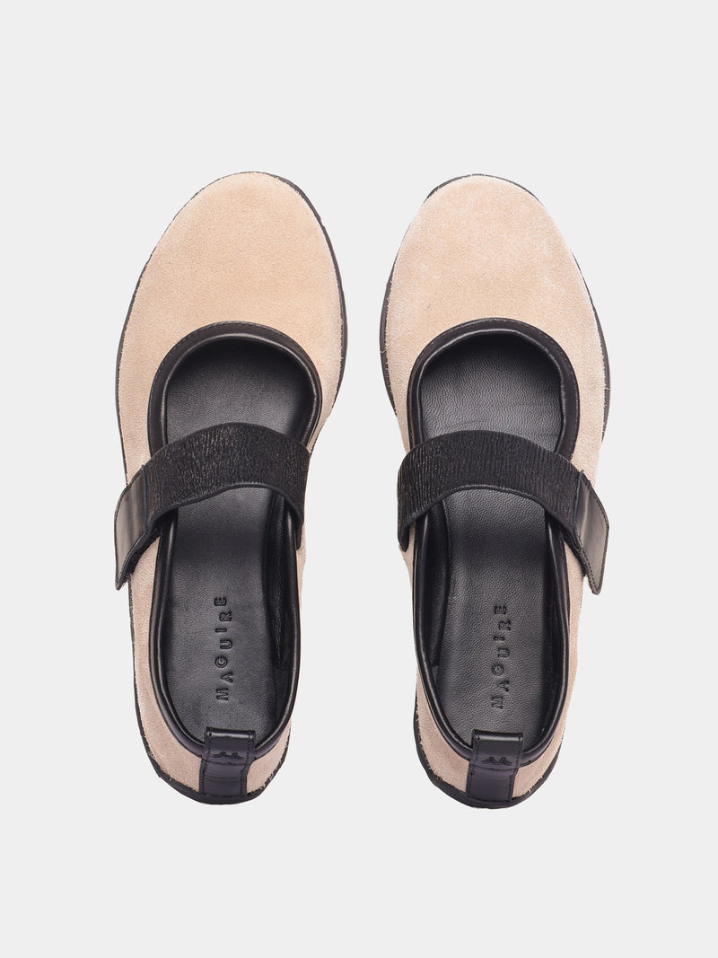 Sand coloured suede sporty mary-jane ballerinas