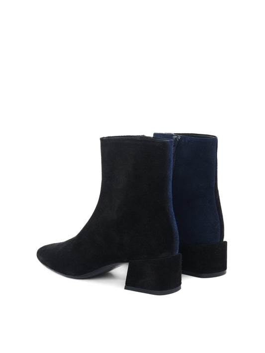 Black and navy suede heeled ankle boots with pointed toes