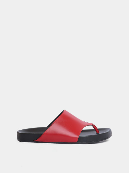 red flip flop sandal on grey background