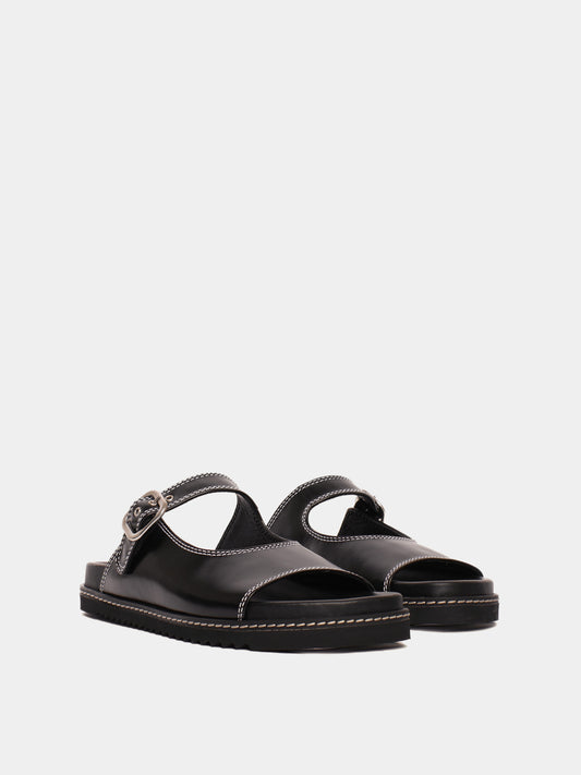 Black sandals with adjustable buckle straps and flat soles.