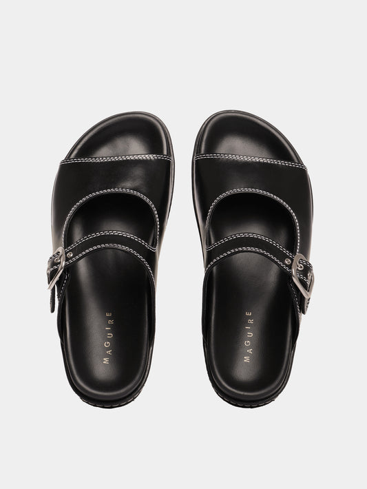 Black sandals with adjustable buckle straps and flat soles.