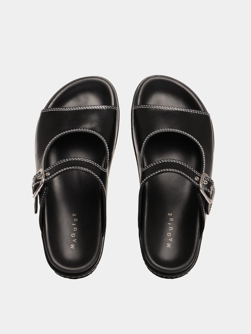 Black sandals with adjustable buckle straps and flat soles.