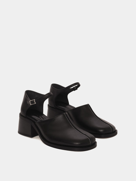 Black leather heeled mary-jane mules