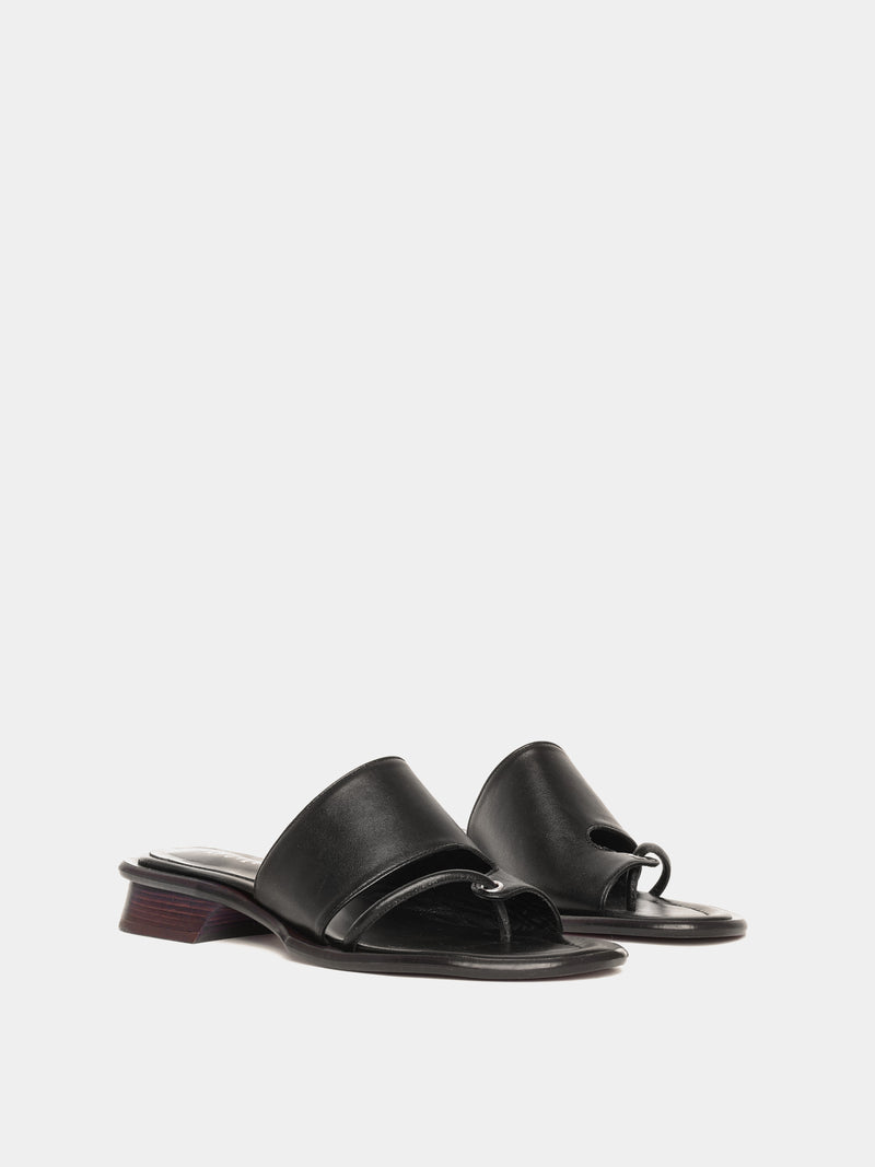 Black leather sandals with wooden heels