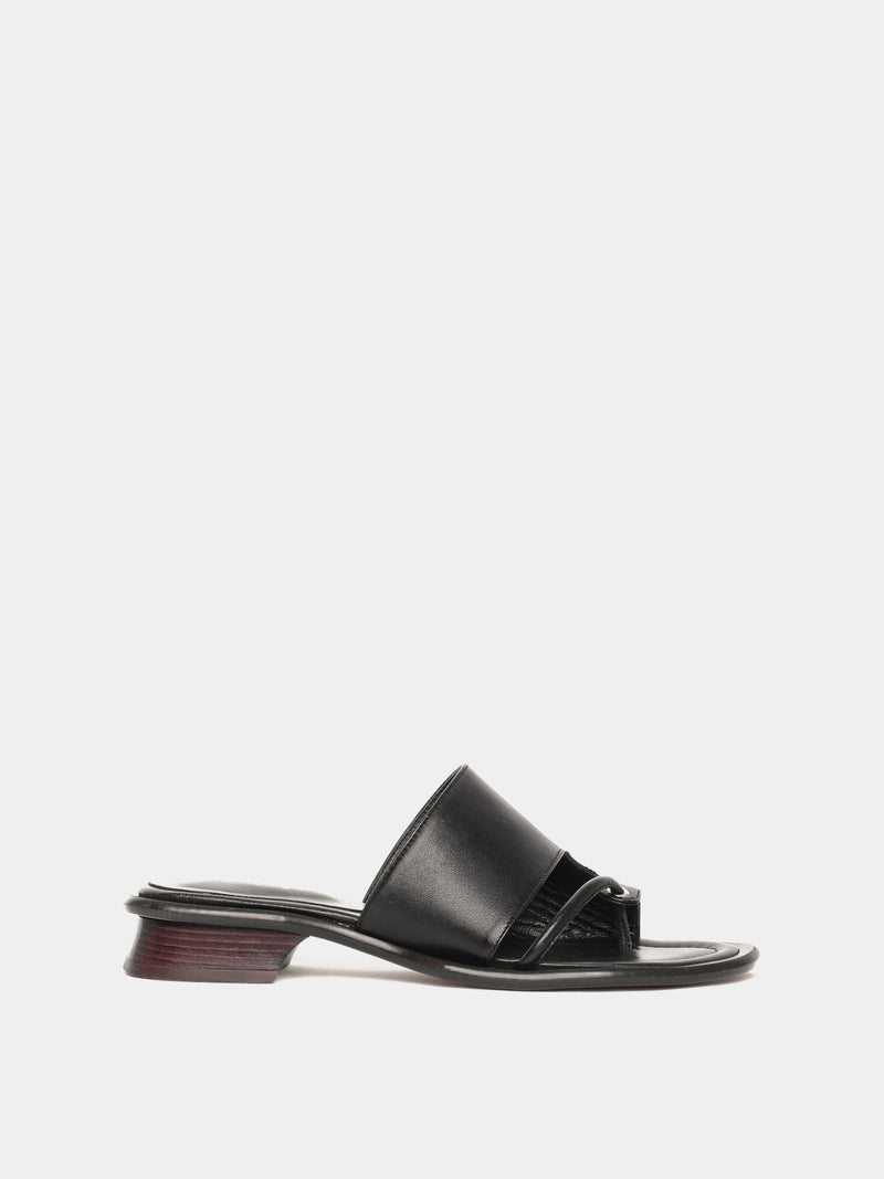 Black leather sandals with a wooden heel