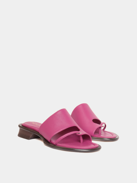 purple flip flop sandal with brown sculptural heel