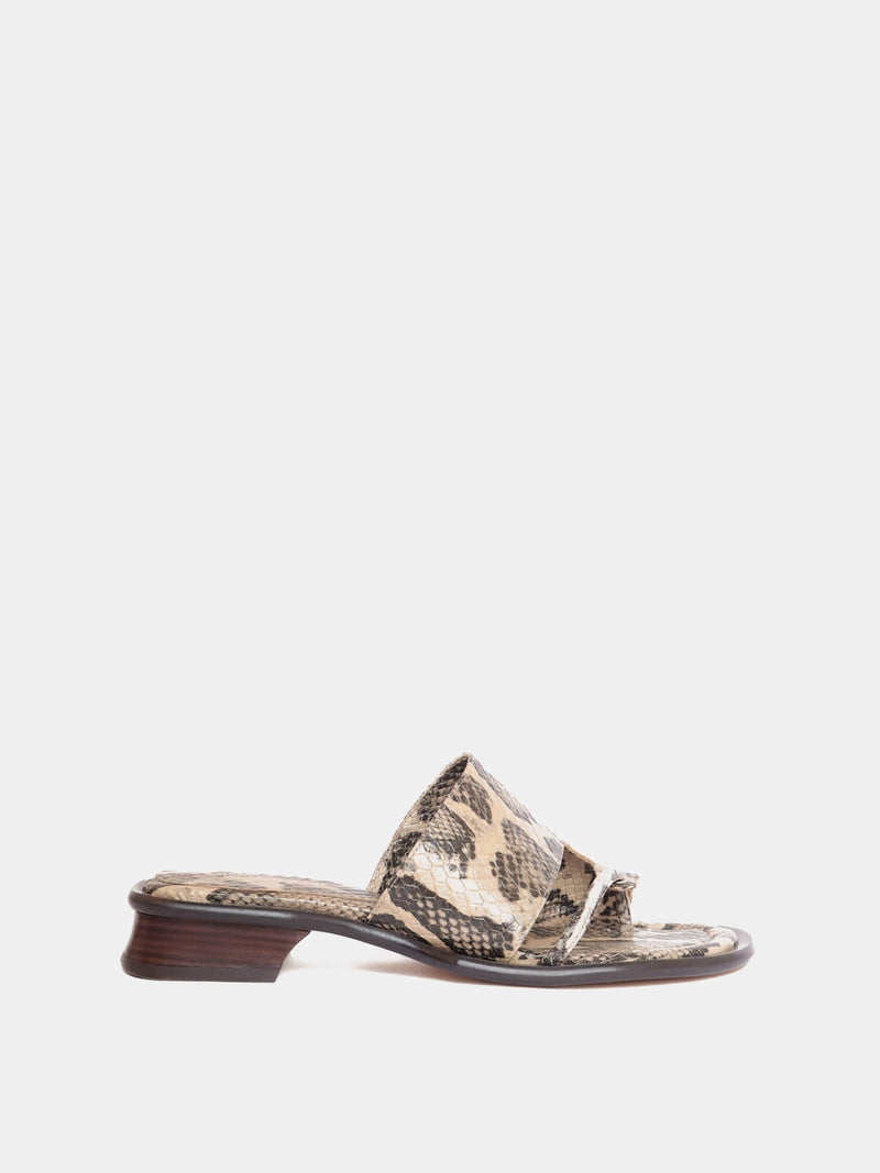 snake print thong sandal with brown heel