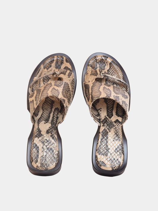 snake print thong sandal with brown heel