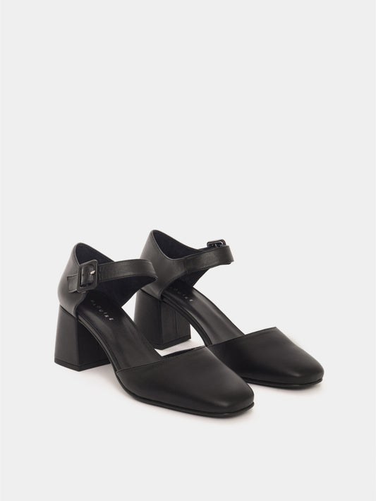 Marbella black leather Mary-Jane closed-toe block heel.
