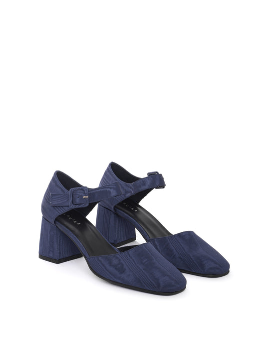 Mary jane closed toe heel in navy satin fabric