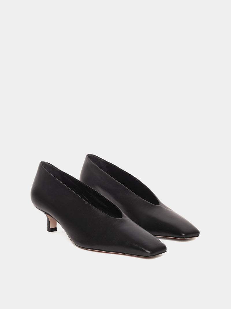 Black leather closed-toe high heels