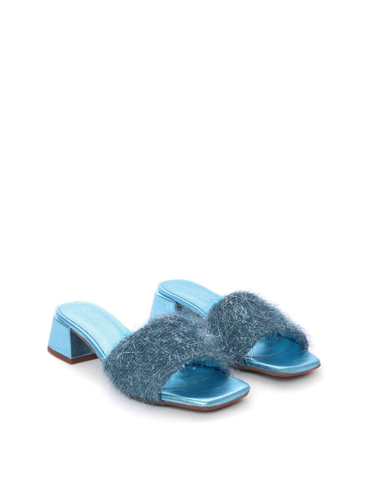 Metallic blue heels with a fuzzy band