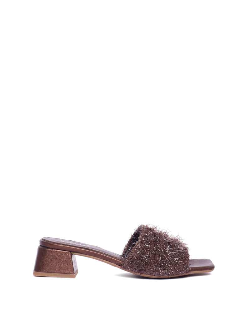 Metallic brown heel with a fuzzy band