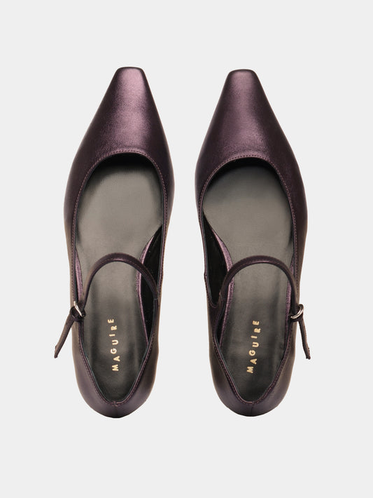 Metallic plum pointy mary-jane ballerinas