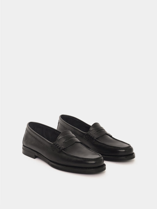 Black leather penny loafers