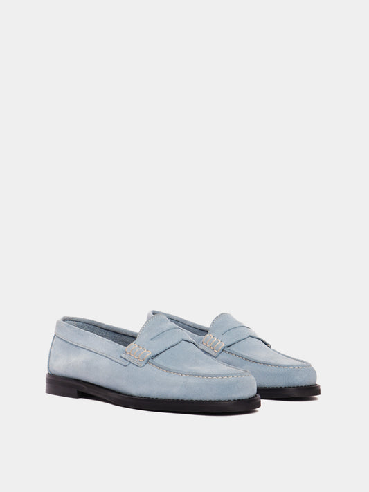 Blue suede leather penny loafers